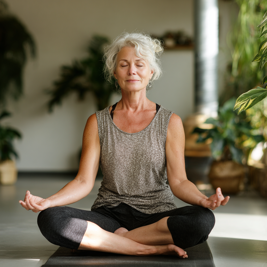 mature woman practicing gentle yoga poses in peaceful studio environment